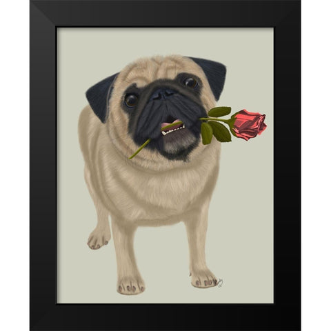 Pug and Rose Black Modern Wood Framed Art Print by Fab Funky
