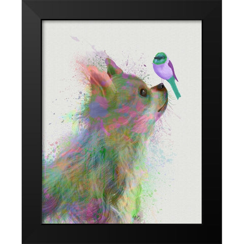 Chihuahua, Long Haired, Rainbow Splash Black Modern Wood Framed Art Print by Fab Funky