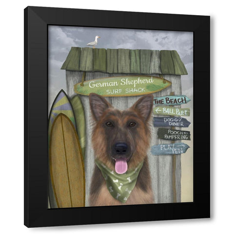 German Shepherd Surf Shack Black Modern Wood Framed Art Print with Double Matting by Fab Funky