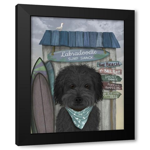 Labradoodle, Black, Surf Shack Black Modern Wood Framed Art Print with Double Matting by Fab Funky