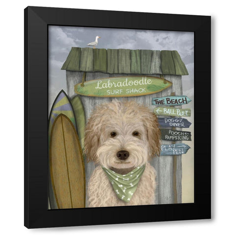 Labradoodle, Cream, Surf Shack Black Modern Wood Framed Art Print by Fab Funky