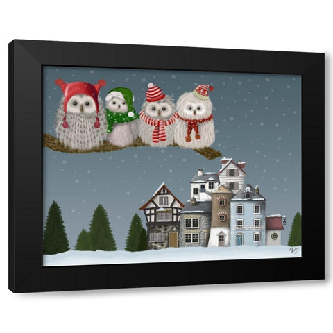 Christmas Christmas Owl Village Black Modern Wood Framed Art Print by Fab Funky