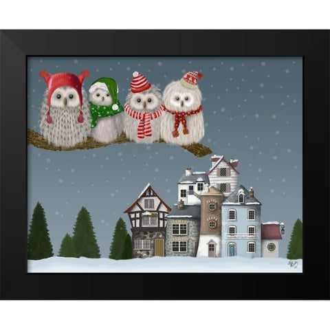 Christmas Christmas Owl Village Black Modern Wood Framed Art Print by Fab Funky