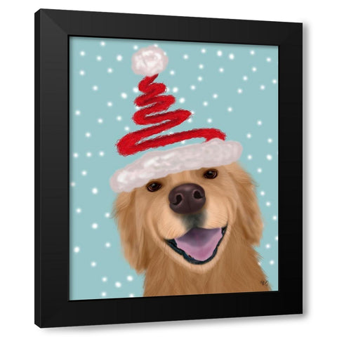 Christmas Golden Retriever and Spring Santa Hat Black Modern Wood Framed Art Print by Fab Funky