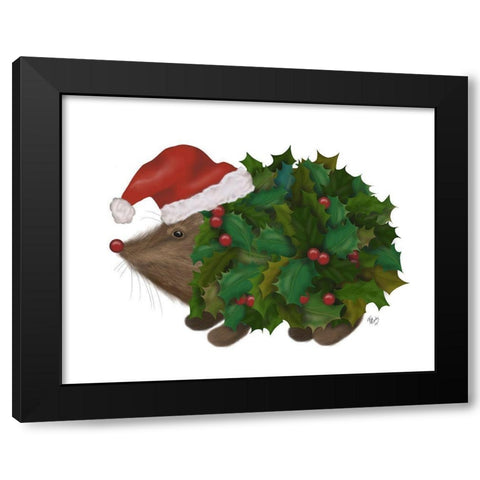 Christmas Holly Hedgehog Black Modern Wood Framed Art Print with Double Matting by Fab Funky