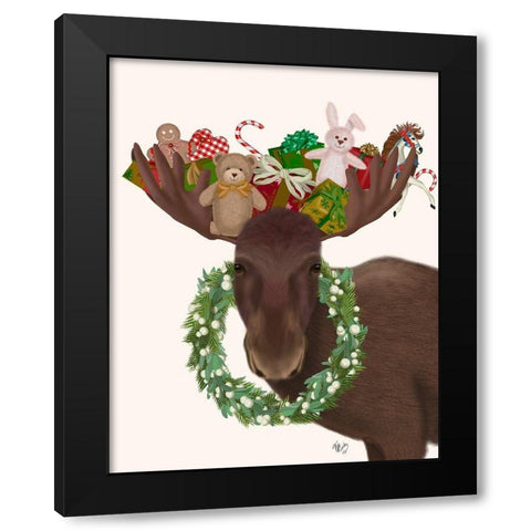 Christmas Moose and Christmas Gifts Black Modern Wood Framed Art Print with Double Matting by Fab Funky