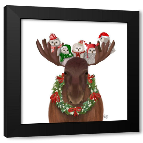 Christmas Moose and Christmas Owls Forward Black Modern Wood Framed Art Print with Double Matting by Fab Funky