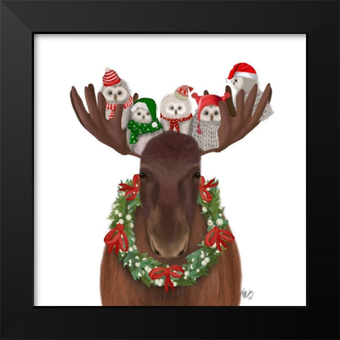 Christmas Moose and Christmas Owls Forward Black Modern Wood Framed Art Print by Fab Funky