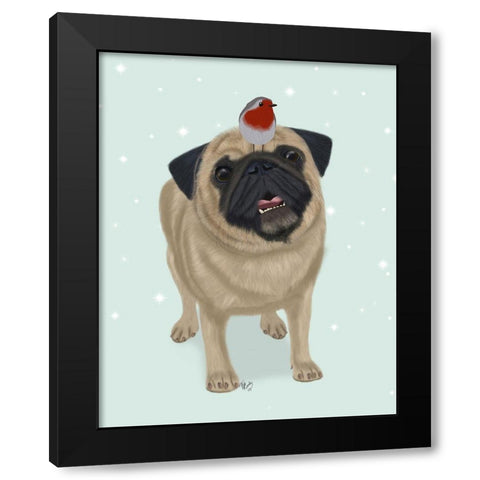 Christmas Pug and Robin Black Modern Wood Framed Art Print by Fab Funky