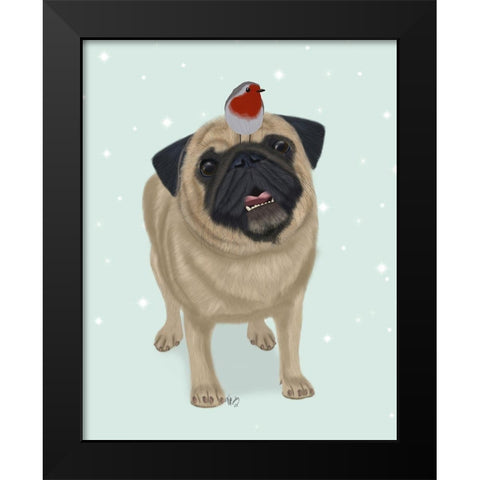 Christmas Pug and Robin Black Modern Wood Framed Art Print by Fab Funky