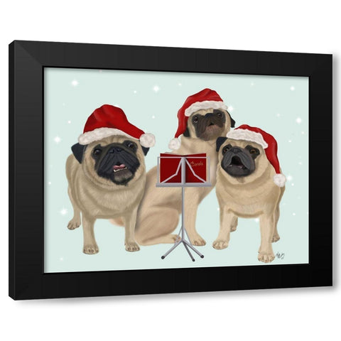 Christmas Pug Trio Carolling Black Modern Wood Framed Art Print with Double Matting by Fab Funky