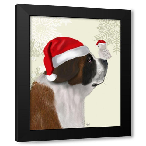 Christmas St Bernard and Fluffy Owl Black Modern Wood Framed Art Print with Double Matting by Fab Funky