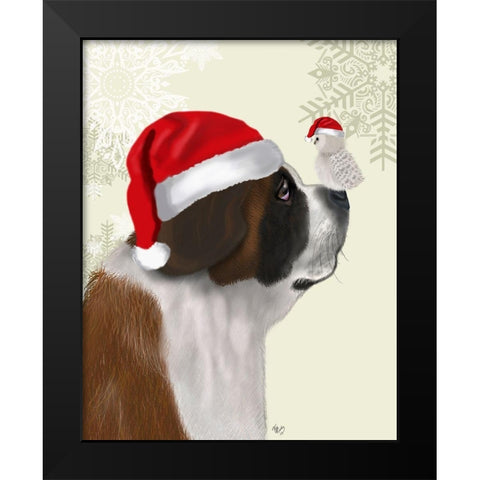 Christmas St Bernard and Fluffy Owl Black Modern Wood Framed Art Print by Fab Funky