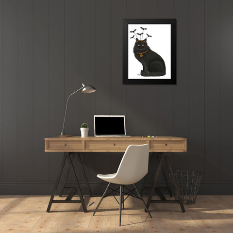 Halloween Black Cat and Bats Black Modern Wood Framed Art Print by Fab Funky