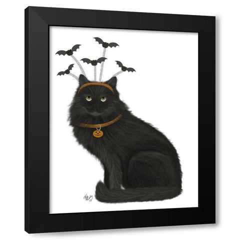 Halloween Black Cat and Bats Black Modern Wood Framed Art Print with Double Matting by Fab Funky