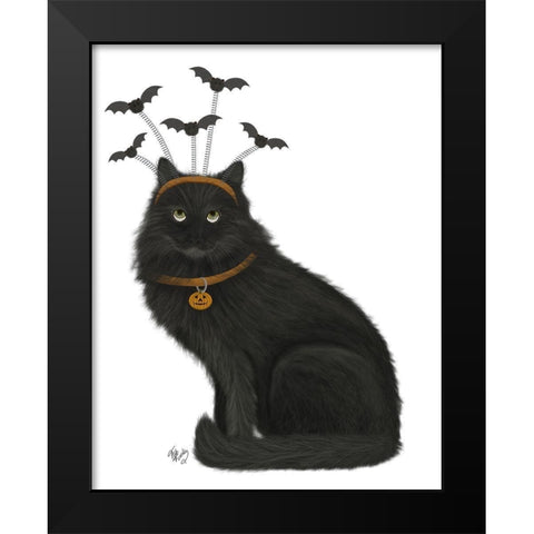 Halloween Black Cat and Bats Black Modern Wood Framed Art Print by Fab Funky