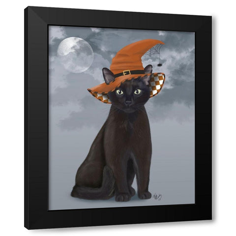 Halloween Black Cat in Witches Hat Black Modern Wood Framed Art Print with Double Matting by Fab Funky