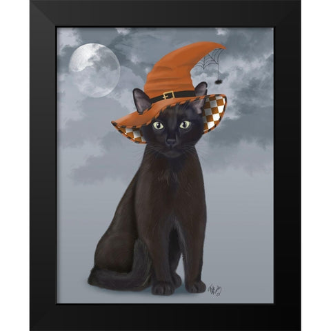 Halloween Black Cat in Witches Hat Black Modern Wood Framed Art Print by Fab Funky