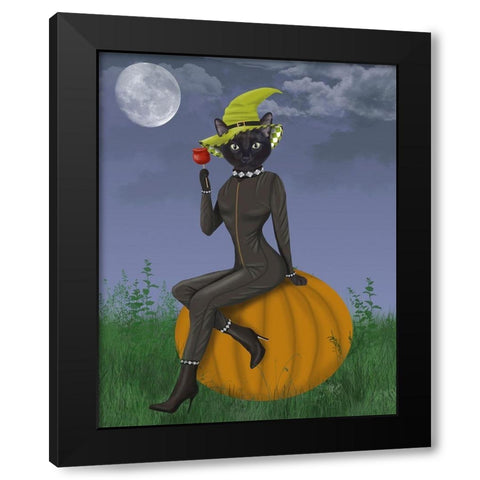 Halloween Cat and Toffee Apple Black Modern Wood Framed Art Print with Double Matting by Fab Funky