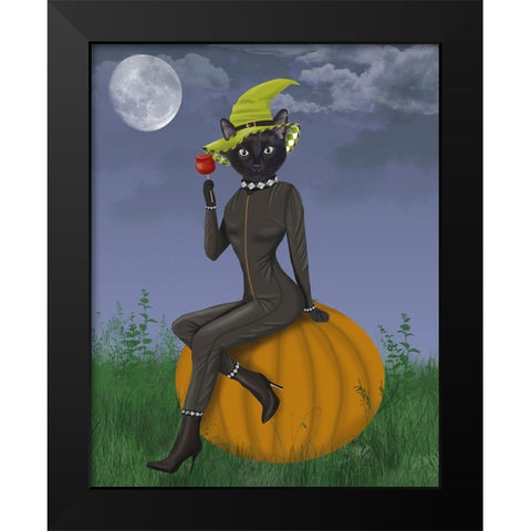 Halloween Cat and Toffee Apple Black Modern Wood Framed Art Print by Fab Funky