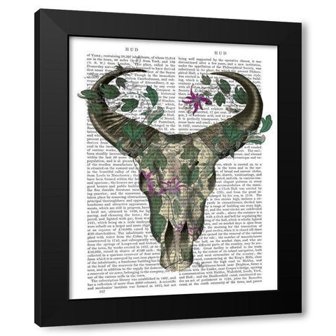 Cow Skull and Passion Flowers Black Modern Wood Framed Art Print with Double Matting by Fab Funky