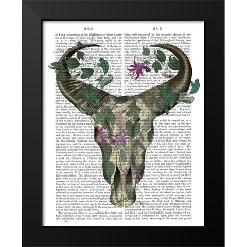 Cow Skull and Passion Flowers Black Modern Wood Framed Art Print by Fab Funky
