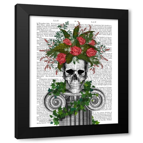 Skull with Roses and Berries Black Modern Wood Framed Art Print by Fab Funky