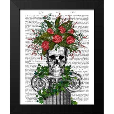 Skull with Roses and Berries Black Modern Wood Framed Art Print by Fab Funky