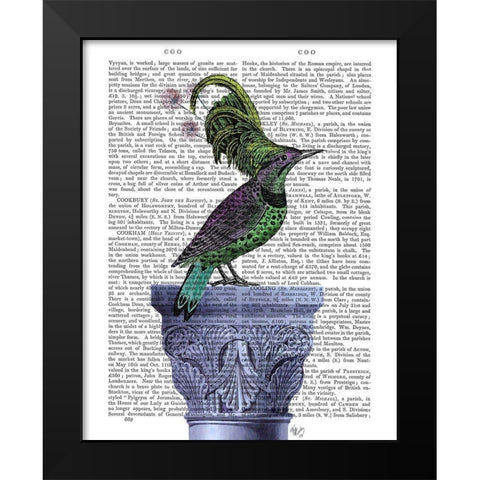 Bird on Blue Plinth Black Modern Wood Framed Art Print by Fab Funky