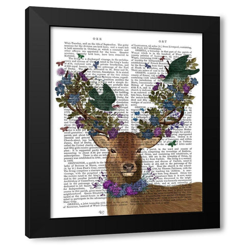 Deer Birdkeeper, Green Love Birds Black Modern Wood Framed Art Print with Double Matting by Fab Funky
