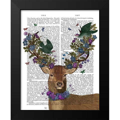 Deer Birdkeeper, Green Love Birds Black Modern Wood Framed Art Print by Fab Funky