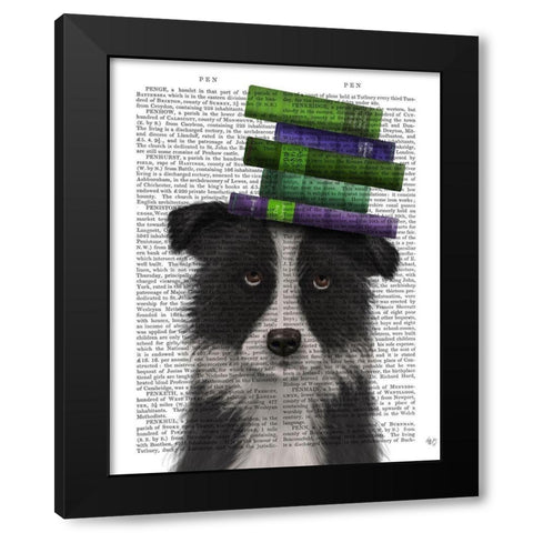 Border Collie, Black and White, and Books Black Modern Wood Framed Art Print with Double Matting by Fab Funky