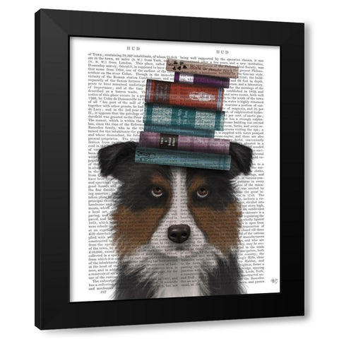 Border Collie, Tricolour, and Books Black Modern Wood Framed Art Print with Double Matting by Fab Funky