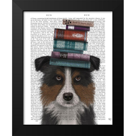 Border Collie, Tricolour, and Books Black Modern Wood Framed Art Print by Fab Funky