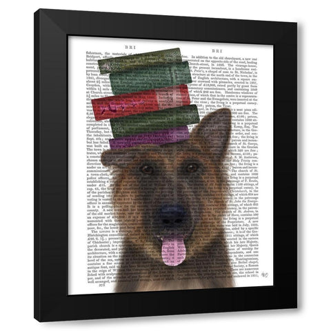 German Shepherd and Books Black Modern Wood Framed Art Print by Fab Funky