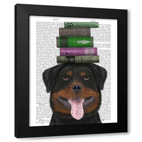 Rottweiller and Books Black Modern Wood Framed Art Print by Fab Funky