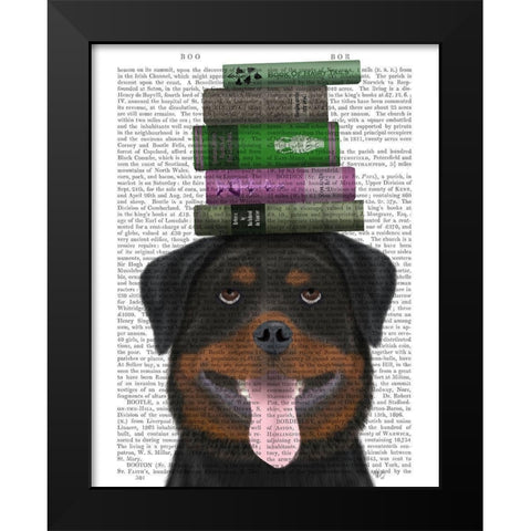 Rottweiller and Books Black Modern Wood Framed Art Print by Fab Funky