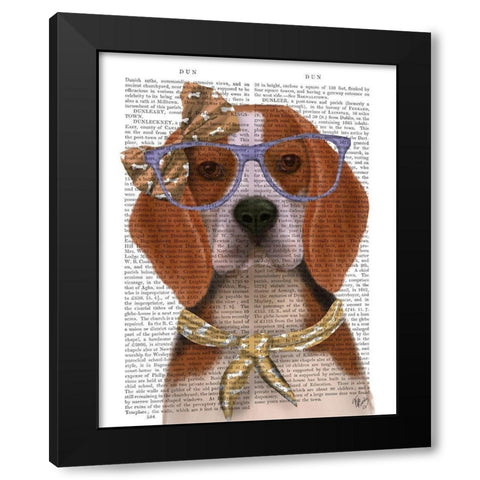 Beagle with Glasses and Scarf Black Modern Wood Framed Art Print by Fab Funky