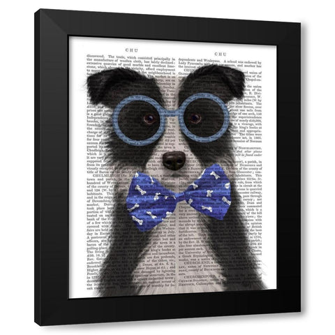 Border Collie, Black and White, with Glasses and Bow Tie Black Modern Wood Framed Art Print with Double Matting by Fab Funky