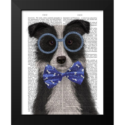 Border Collie, Black and White, with Glasses and Bow Tie Black Modern Wood Framed Art Print by Fab Funky