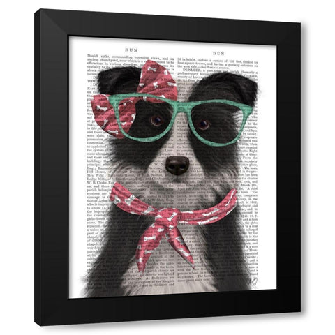 Border Collie, Black and White, with Glasses and Scarf Black Modern Wood Framed Art Print by Fab Funky