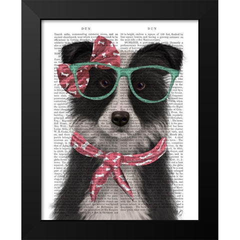 Border Collie, Black and White, with Glasses and Scarf Black Modern Wood Framed Art Print by Fab Funky