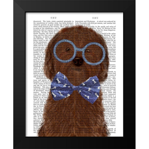 Cockerpoo, Chocolate, with Glasses and Bow Tie Black Modern Wood Framed Art Print by Fab Funky
