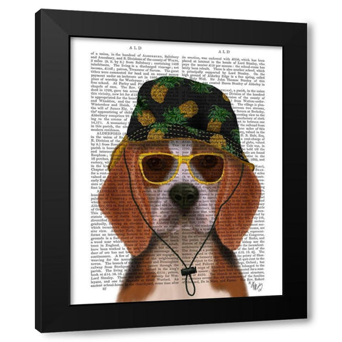 Beagle and Bucket Hat Black Modern Wood Framed Art Print with Double Matting by Fab Funky