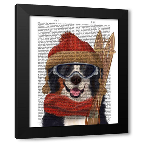 Bernese Ski Dog Black Modern Wood Framed Art Print by Fab Funky