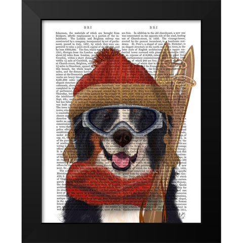 Bernese Ski Dog Black Modern Wood Framed Art Print by Fab Funky