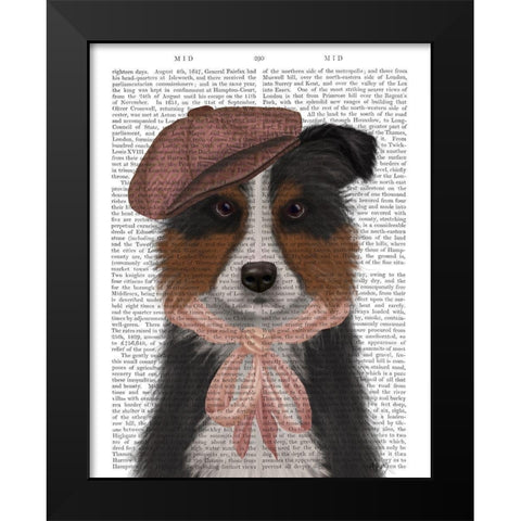 Border Collie Hat and Pink Scarf Black Modern Wood Framed Art Print by Fab Funky