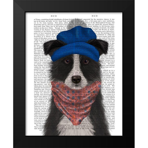 Border Collie in Blue Bobble Hat Black Modern Wood Framed Art Print by Fab Funky