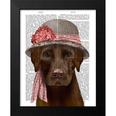 Chocolate Labrador Hat and Pink Scarf Black Modern Wood Framed Art Print by Fab Funky