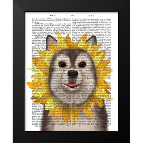 Husky Sunflower Black Modern Wood Framed Art Print by Fab Funky
